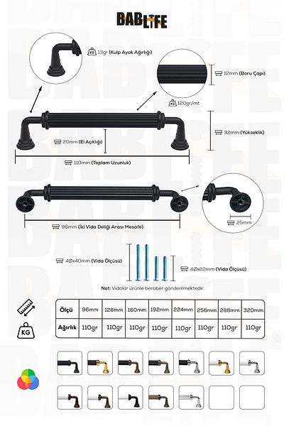 bablife Melis Negru Mat 96mm Metal Sertar de lux Mânere de mobilier pentru dulap