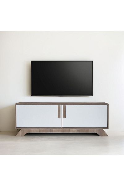 Generic Luxury Wooden TV Table with Fixed Base and 2-Level Storage Cabinet, Malaysian Wood, Gray and White