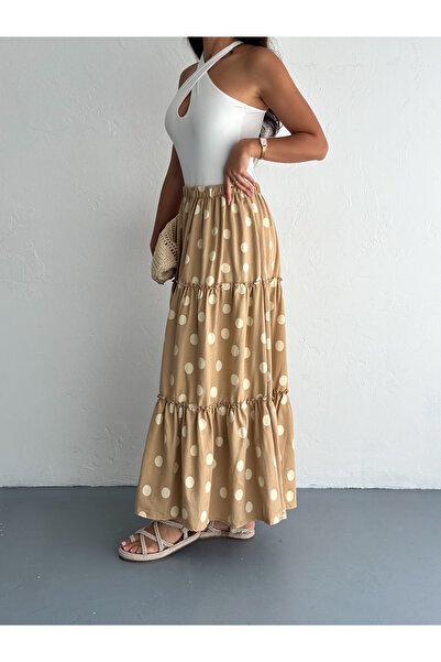 MaxiMor Women's Polka Dot Elastic Waist Full Mold Pleated Linen Fabric Long Skirt Length 100 cm