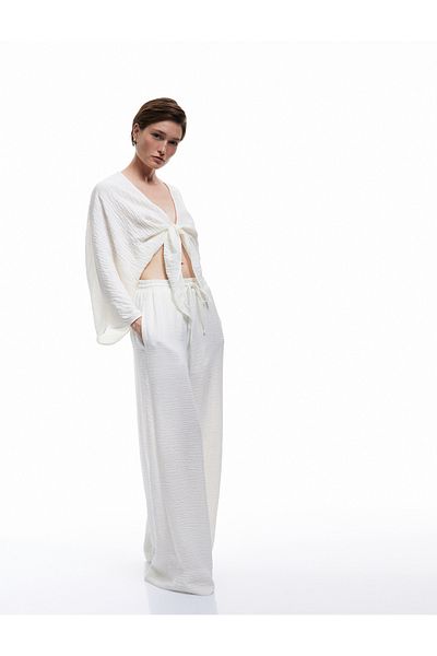 Koton Loose Fit Bat Sleeve Double Breasted Tie Front Short Blouse