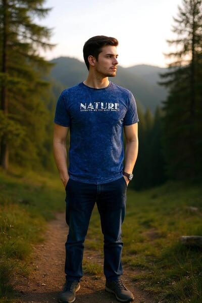 Tex Republic Синя чоловіча футболка - облягаючий крій, друк методом ін'єкції, бавовна