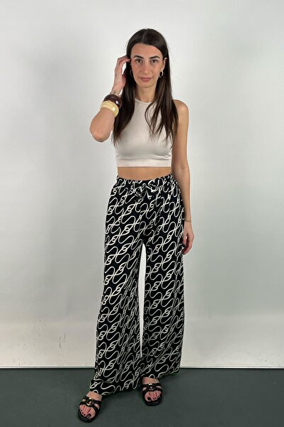 Love The Wind Black Patterned Viscose Draped Palazzo Trousers