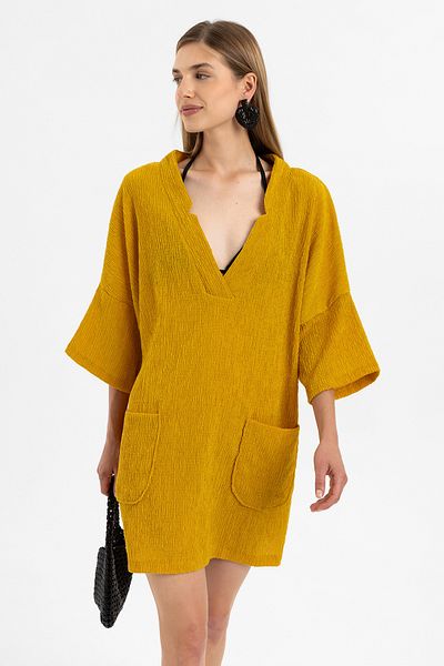 Deriderim Yellow V-neck Bag Pocket Short Sleeve Loose Cut Cotton Beach Dress