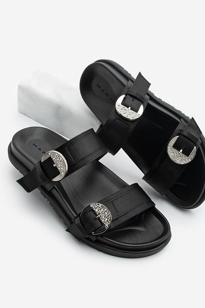 Marjin Papuci de zi cu piatră cu dungi duble pentru femei Pivze din satin negru
