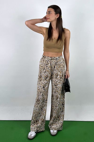 Love The Wind Cotton-Linen Flowy Beige Patterned Palazzo Pants