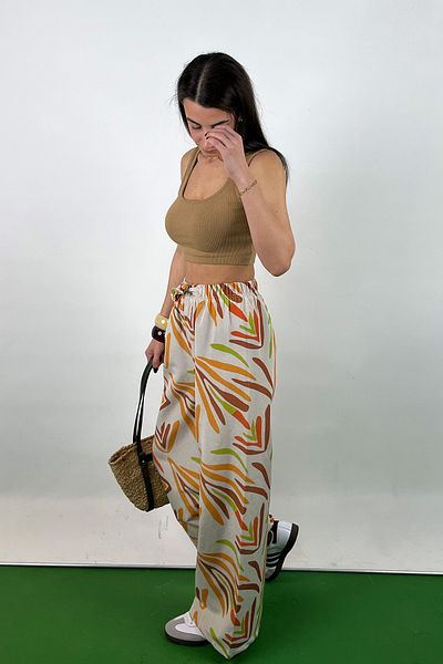 Love The Wind Orange Patterned Cotton-Linen Flowy Palazzo Pants