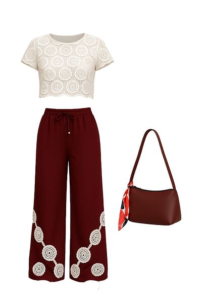 VAGGON Women's Mix Elastic Waist Pants, Lace Blouse and Shoulder Bag Set Golden Hour V00031