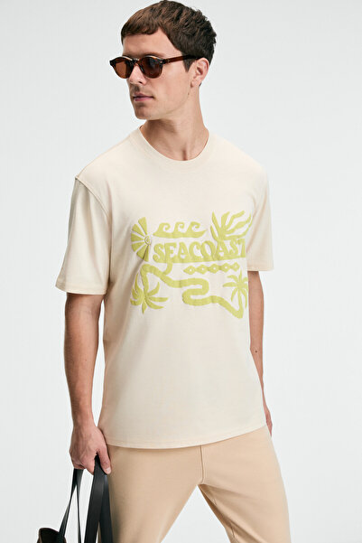 GRIMELANGE SWEET Ανδρικό μπλουζάκι από 100% βαμβάκι με στάμπα με κοντό μανίκι με στρογγυλή λαιμόκοψη βανίλια