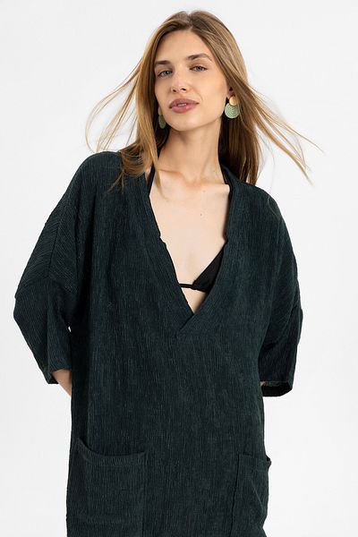 Deriderim Dark Green Sile Cloth Pocket Short Sleeve V Neck Summer Cotton Shirt Dress