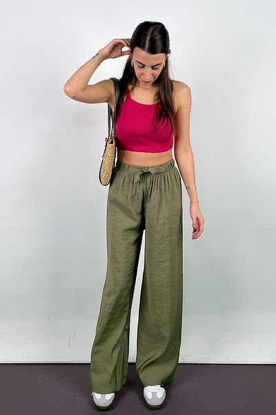 Love The Wind Polyamide Viscose Draped Khaki Palazzo Trousers