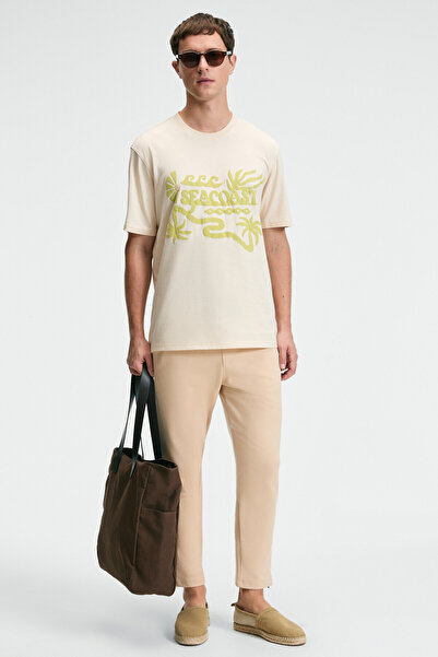 GRIMELANGE SWEET Ανδρικό μπλουζάκι από 100% βαμβάκι με στάμπα με κοντό μανίκι με στρογγυλή λαιμόκοψη βανίλια