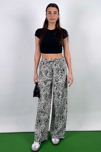 Love The Wind Cotton-Linen Flowy Black Patterned Palazzo Pants