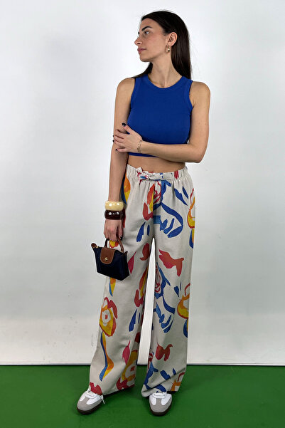 Love The Wind Orange Patterned Cotton-Linen Flowy Palazzo Pants