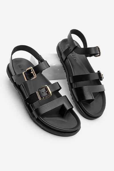 Marjin Genuine Leather Women's Sandals - Flip Flops, Buckle, Casual Black Tusa
