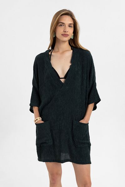 Deriderim Dark Green Sile Cloth Pocket Short Sleeve V Neck Summer Cotton Shirt Dress