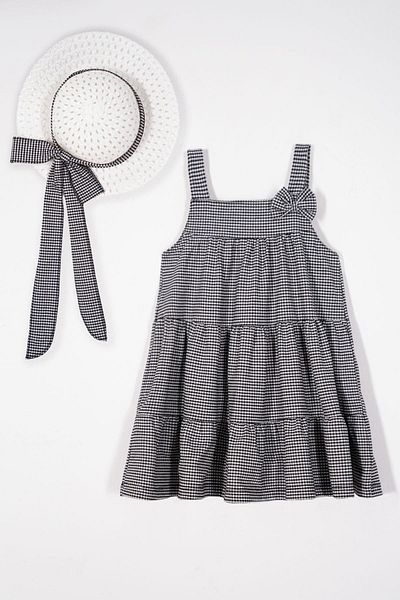 zepkids Rochie pentru fetiță de culoare neagră cu fundă și accesorii pentru pălărie cu mânecă zero
