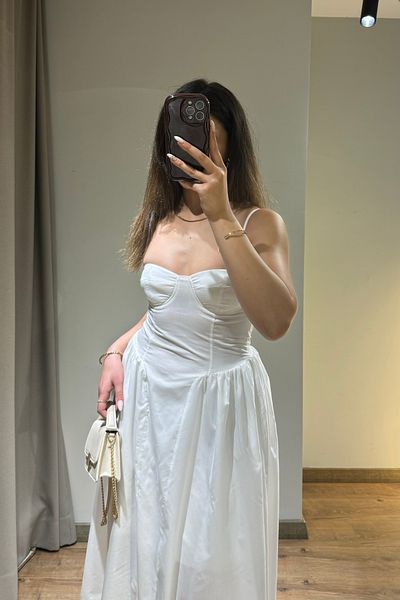 Güneş White Strap Midi Dress with Corsage Detail |   Summer Stylish Dress