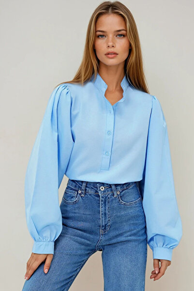 VAGGON Bluză din popelin cu mâneci cu balon, cu guler de judecător, cu nasturi în față, pentru femei Prm0577