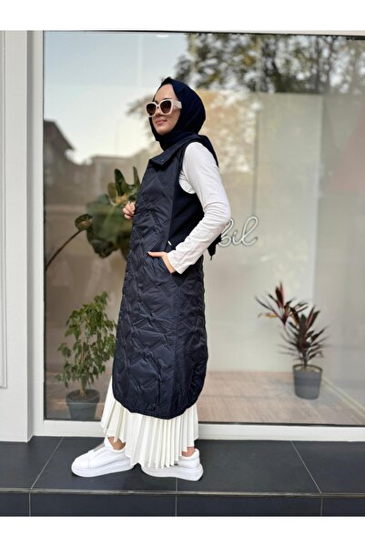 Invee Πλεκτό Γυναικείο Γιλέκο με Κουμπιά Καπιτονέ Μπλε Ναυτικό