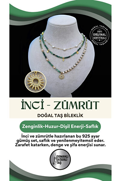 OSMANLI DEĞERLİ TAŞ Sevgililer Günü Özel İnci - Zümrüt Doğal Taş 925 Ayar Güm...