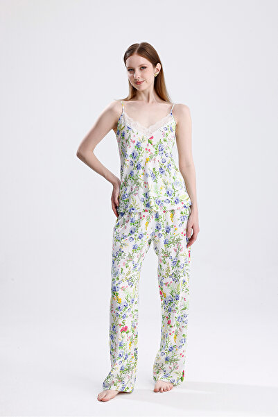 Laperissa طقم بيجامة نسائي طويل من الدانتيل والساتان مزين بالزهور، طقم نوم أن...