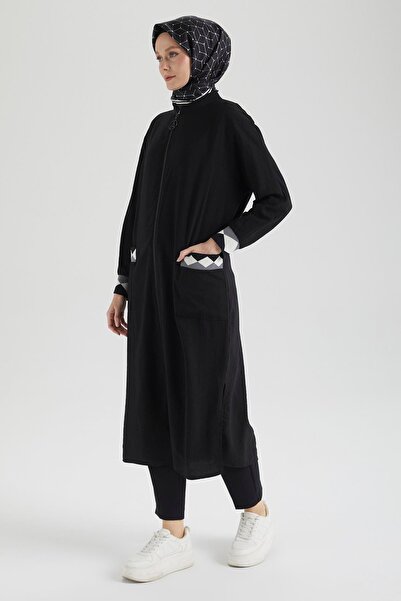 Armine Trend Strawberry Fabric Sleeves Ribbed Full Length Zippered Pocket Tunic-Black 25Yt423