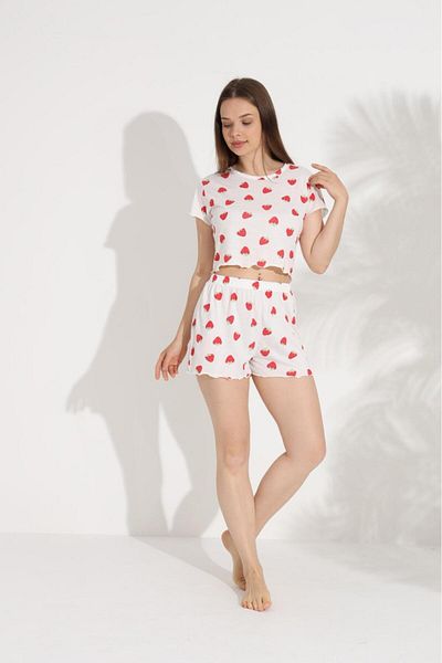 Sude HOMEWEAR Women's Heart Patterned Short Sleeve Shorts Pajama Set