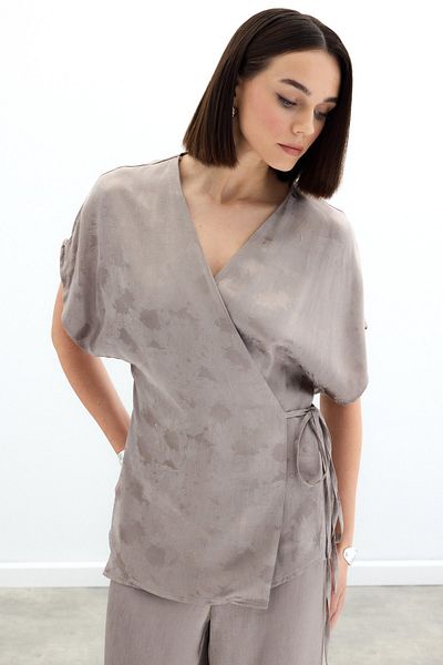 Sateen Tie-Up Jacquard Satin Blouse - Mink