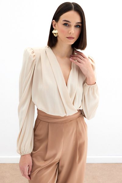 Sateen Double-breasted Satin Bodysuit Blouse - Beige