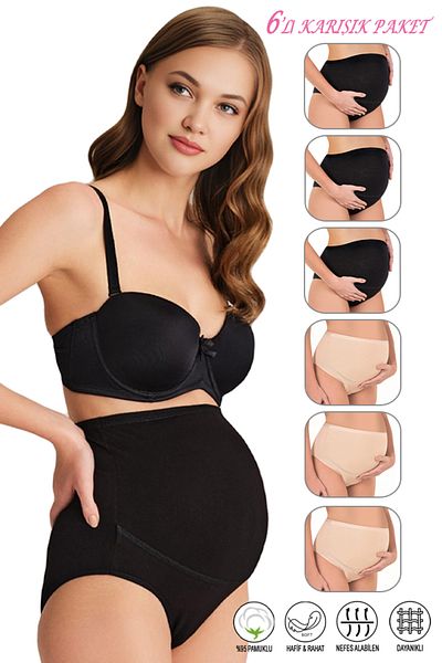 ÖZKAN underwear Özkan 23582 Комплект от 6 дамски блузи, 3 черни, 3 цвята, памук, ликра, Джърси, за бременни, след раждане, с висока талия