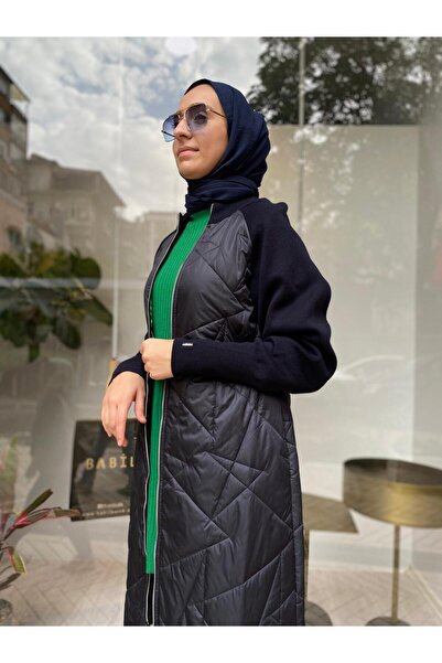 Invee Palton de damă albastru bleumarin - tricotat cu mâneci, model cu model de sticlă spartă