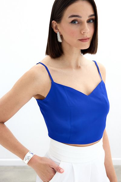 Sateen Bluză Crop din Satin cu Bretele - SAX BLUE