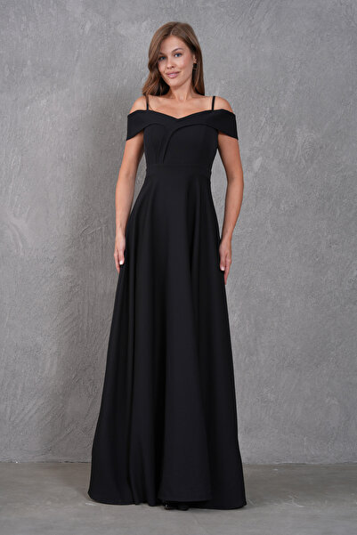 vuvutasarım Women's Stretch Fabric Wide Flared Cut Off Shoulder Double Breasted Collar 138 cm Long Black Dress 342