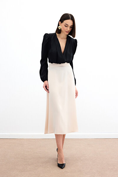 Sateen Midi Boy Saten Etek - Bej