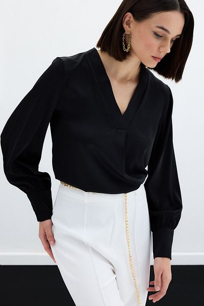 Sateen Black Satin V-Neck Blouse