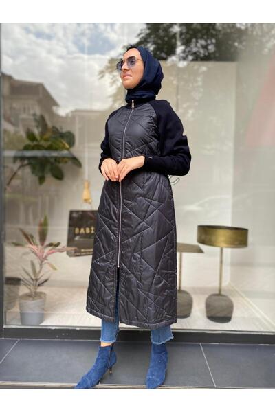 Invee Palton de damă albastru bleumarin - tricotat cu mâneci, model cu model de sticlă spartă