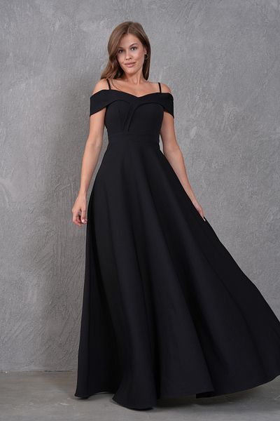 vuvutasarım Women's Stretch Fabric Wide Flared Cutout Off-Shoulder Double-Breasted Collar Long Black Dress 342