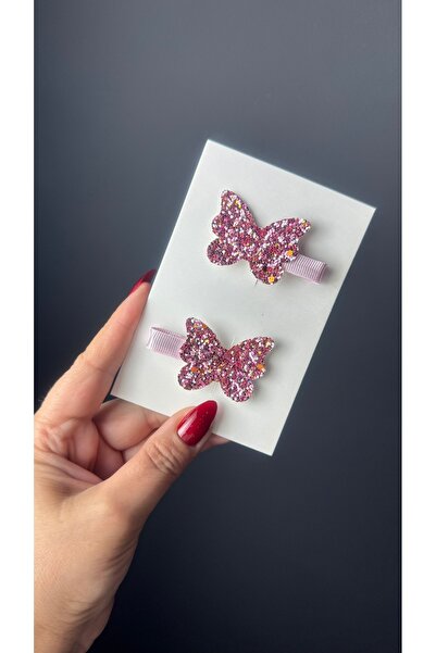 Toka Perisi Pembe Miks Kelebek Figürlü Simli Glitter Klips Toka Seti 2’li