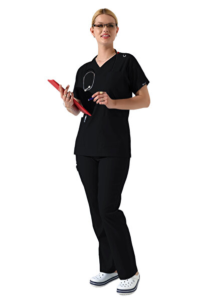 BEDUCA Siyah Likralı Dr Greys V yaka Yarasa Kol Doktor Hemşire Üniforma Takım...