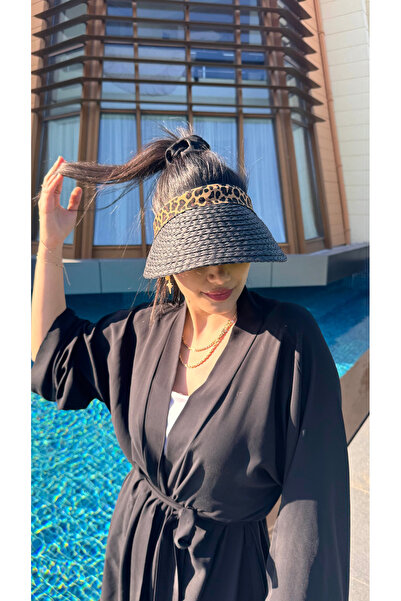 Luminos Butik Siyah Güneş Koruyucu Leopar Şeritli Hasır Vizör Şapka Hsr2075 Kutulu Gönderim