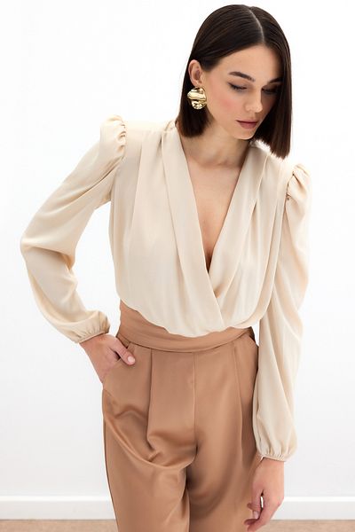 Sateen Double-breasted Satin Bodysuit Blouse - Beige