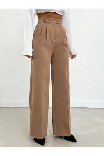 Fovere Women's Milk Coffee High Waist Pleated Wide Leg Palazzo Pants