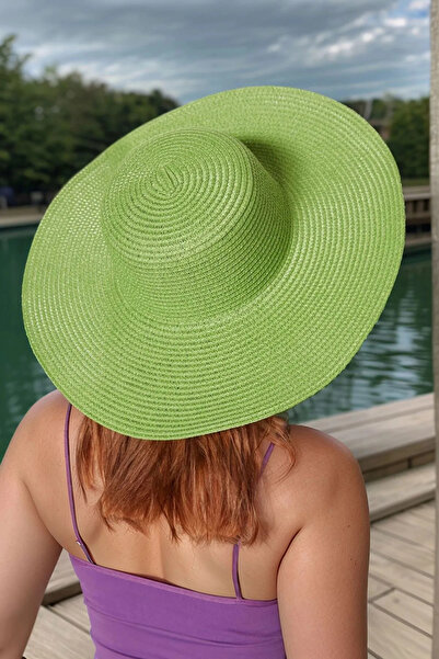 Luminos Butik Geniş Kenarlı Yeşil Örgü Desenli Moda Ve Fonksiyonel Şapka Güneşten Koruma Hsr2005