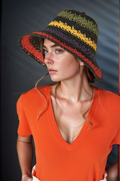 Luminos Butik قبعة من القش محبوكة يدويًا باللون الأسود للسيدات Hsr2066