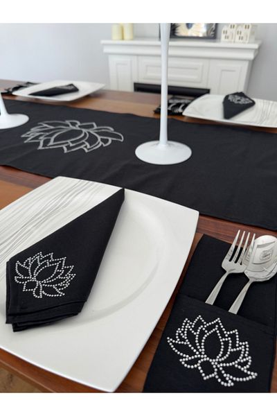 Menar Tasarım Lotus Flower Embroidered Runner Napkin Spoon Holder Service Set 6 Person Dining Table Cloth Set