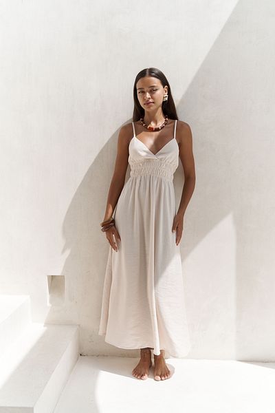 MAİ COLLECTİON Μακρύ μπεζ φόρεμα με λεπτομέρεια με κορδόνια Alessia