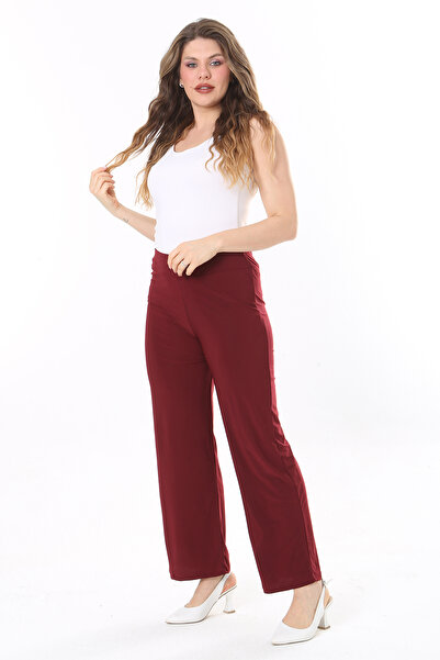 Şans Claret Red Lycra Women's Large Size Trousers - Sandy Fabric, Elastic Waist 65N31842