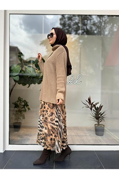 QOOQ STORE Γυναικείο πουλόβερ Maniz με γιακά σε χρώμα καμήλας - με κουμπιά