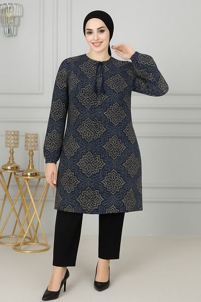 nacar çarşı Women's Geometric Patterned Tunic - Lace-Up Collar, Long Sleeves, Relaxed Fit