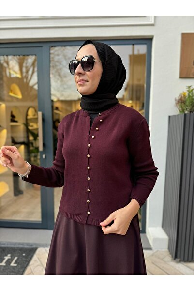 Babil Butik Women's Cardigan with Metal Buttons Claret Red